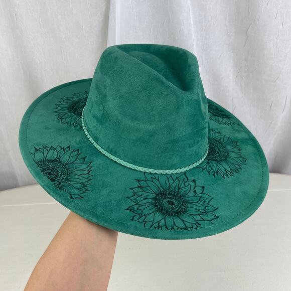 Emerald Green Faux Suede Hand Burned Wide Flat Brim Hat Sunflowers ADJUSTABLE SZ - Picture 2 of 16